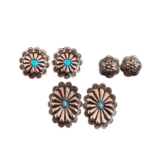 3 Pack Copper Turquoise Concho Earrings