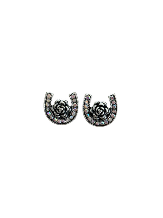 Silver Horseshoe Rose Earrings