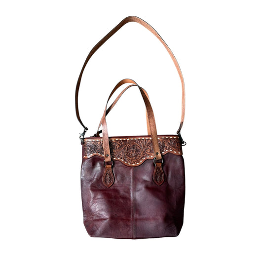Tooled Leather Buckstitch Tote Purse *defective*