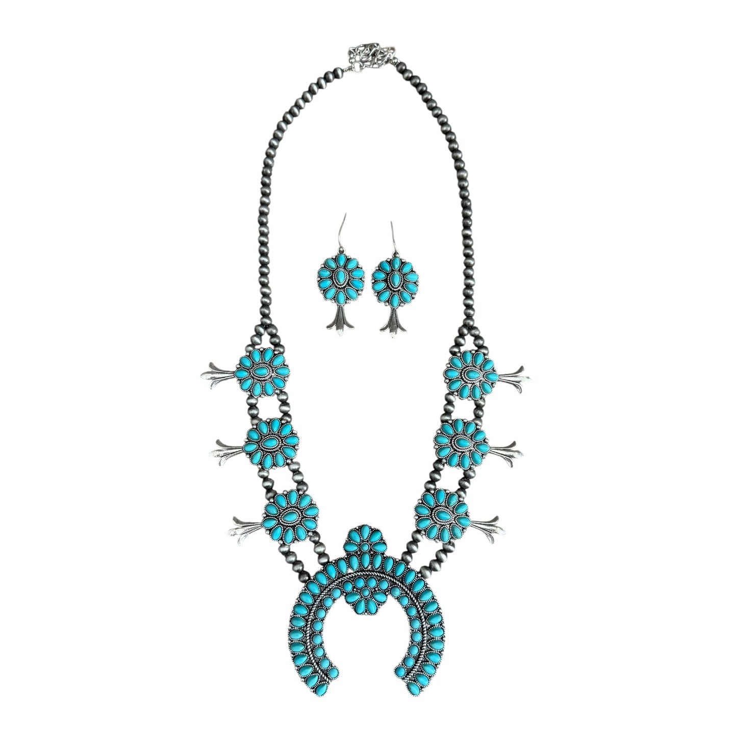 Gunmetal Navajo Pearl Turquoise Squash Necklace Set