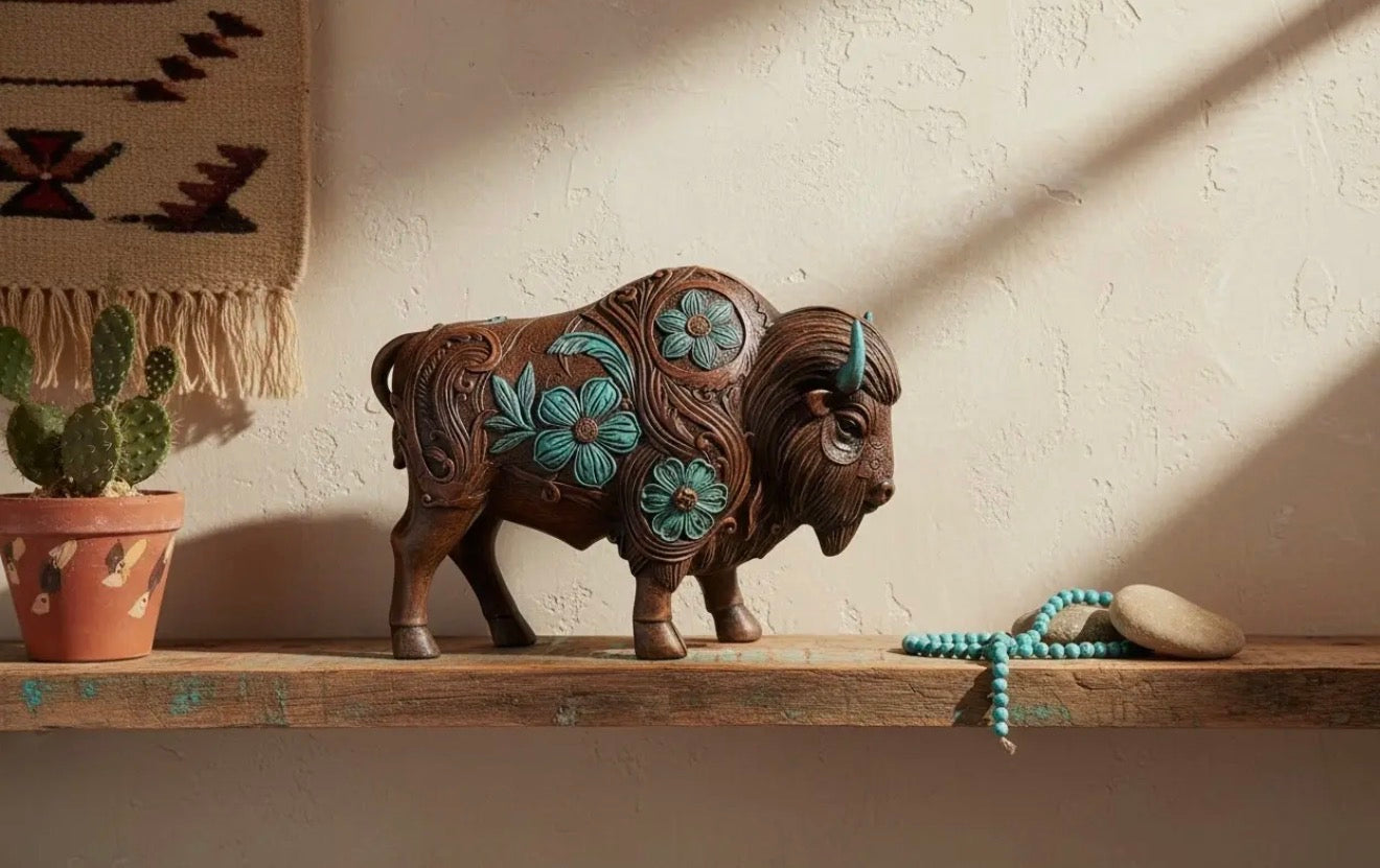Turquoise Tooled Buffalo Statue