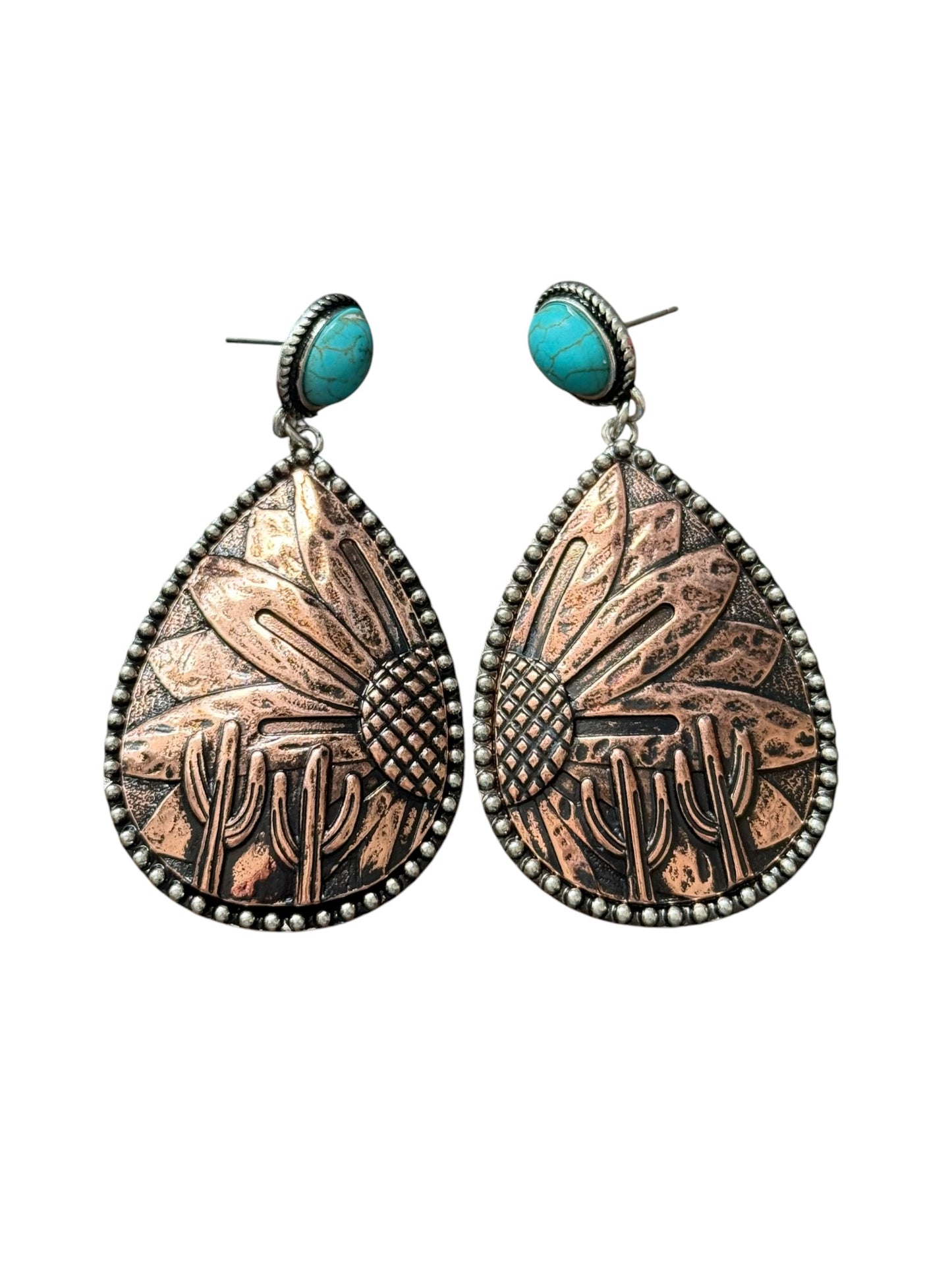 Copper Sunflower Cactus Earrings