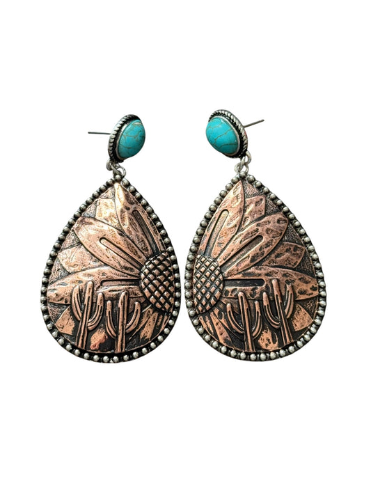 Copper Sunflower Cactus Earrings