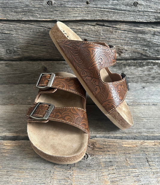Brown Embossed Leather Sandals