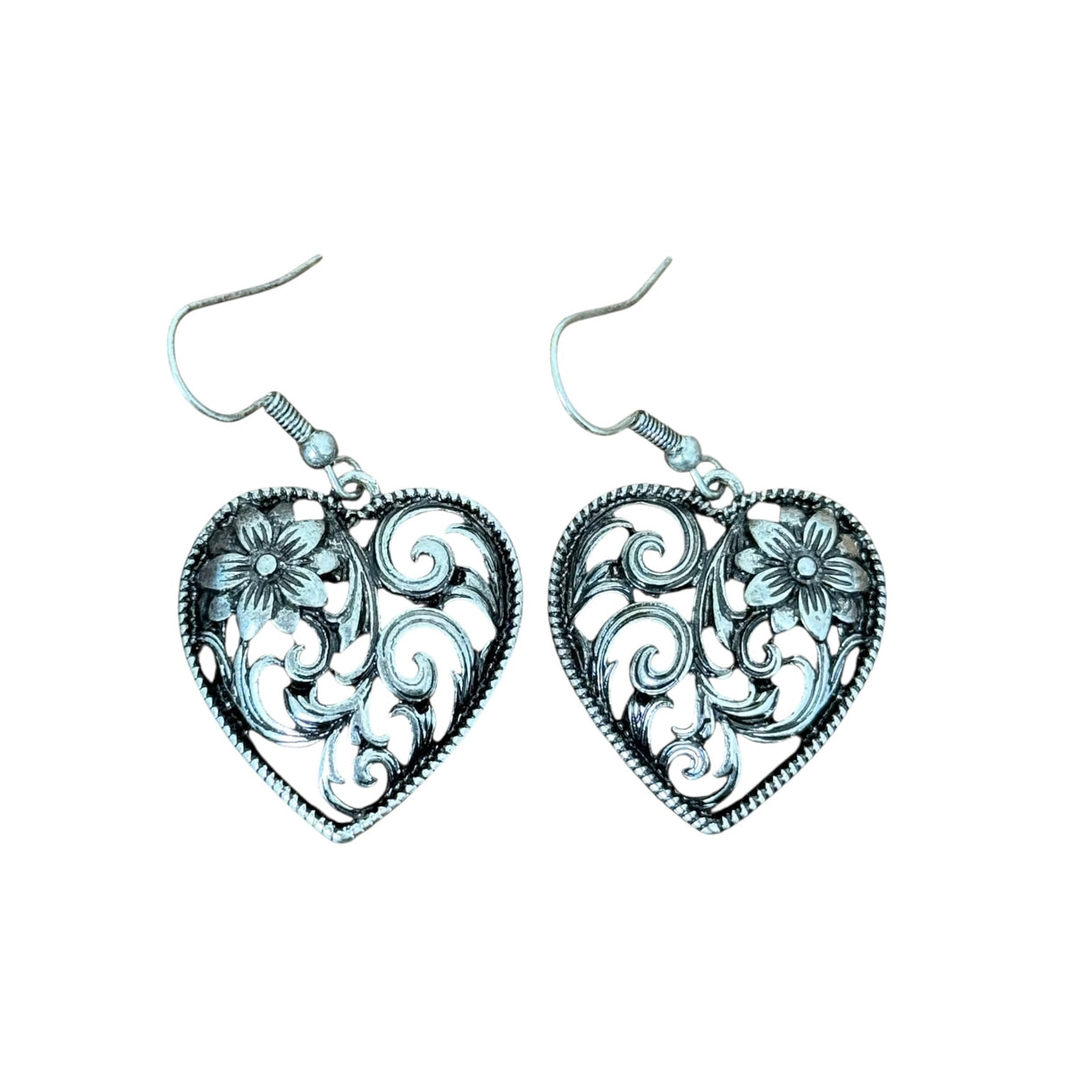 Tooled Flower Heart Earrings