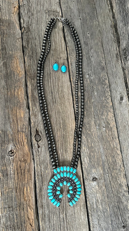 Gunmetal Navajo Pearl Turquoise Squash Blossom Necklace Set