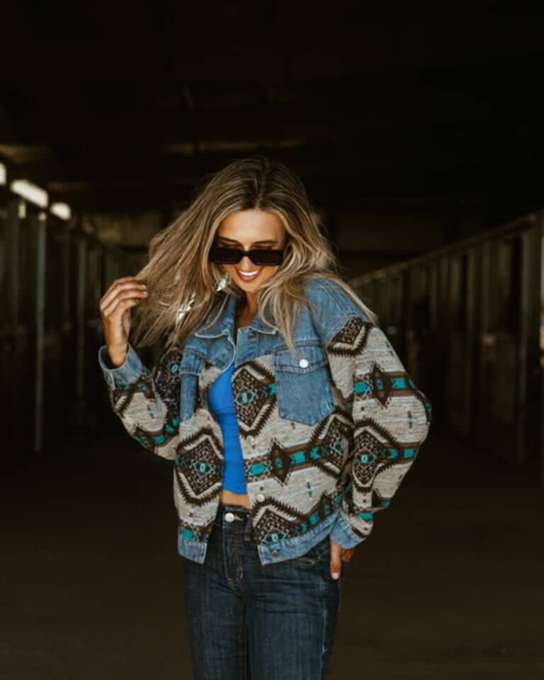 Denim Aztec Cropped Jacket