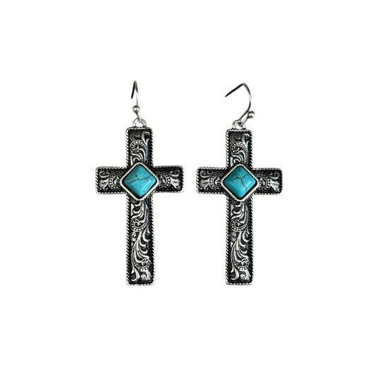 Tooled Turquoise Cross Earrings