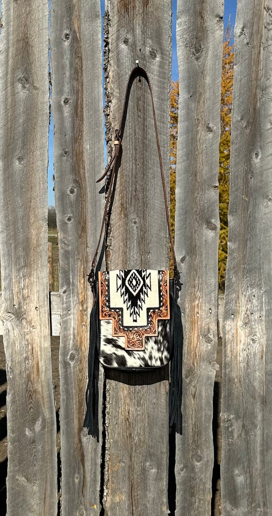 Tooled Leather Aztec Saddle Blanket Cowhide Purse