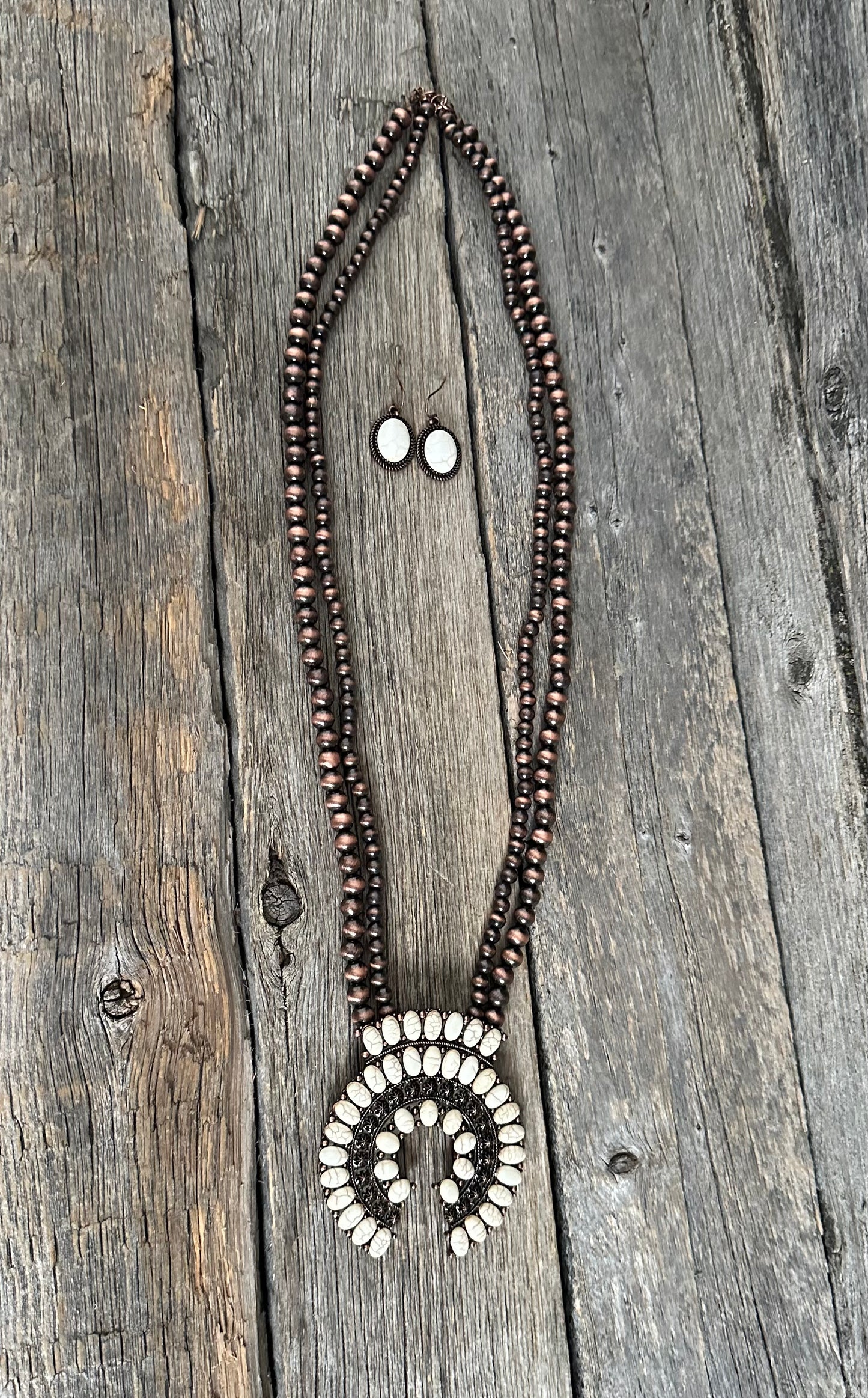 Copper Navajo Pearl Squash Blossom Necklace Set