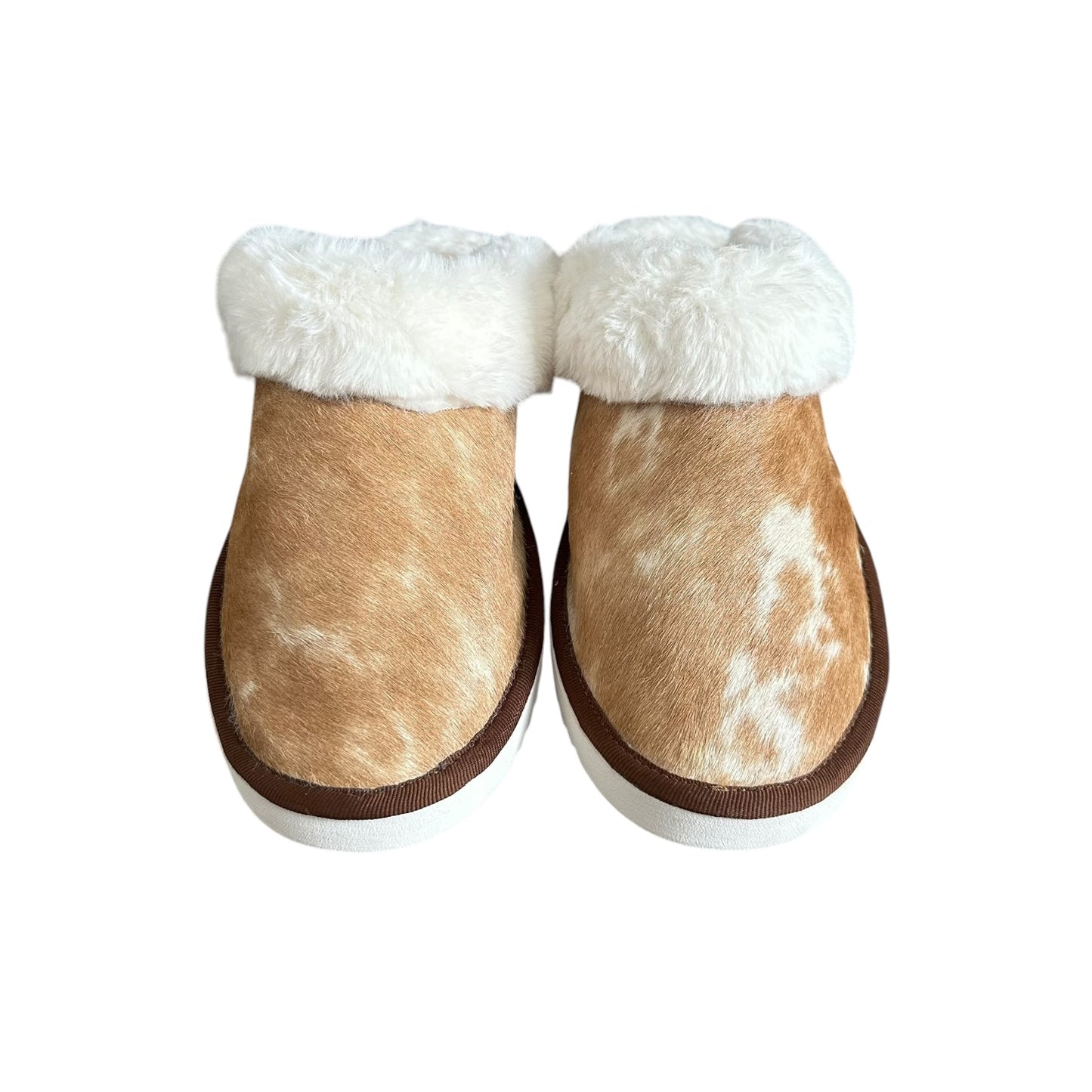 Brown & White Cowhide Slippers - Size 7