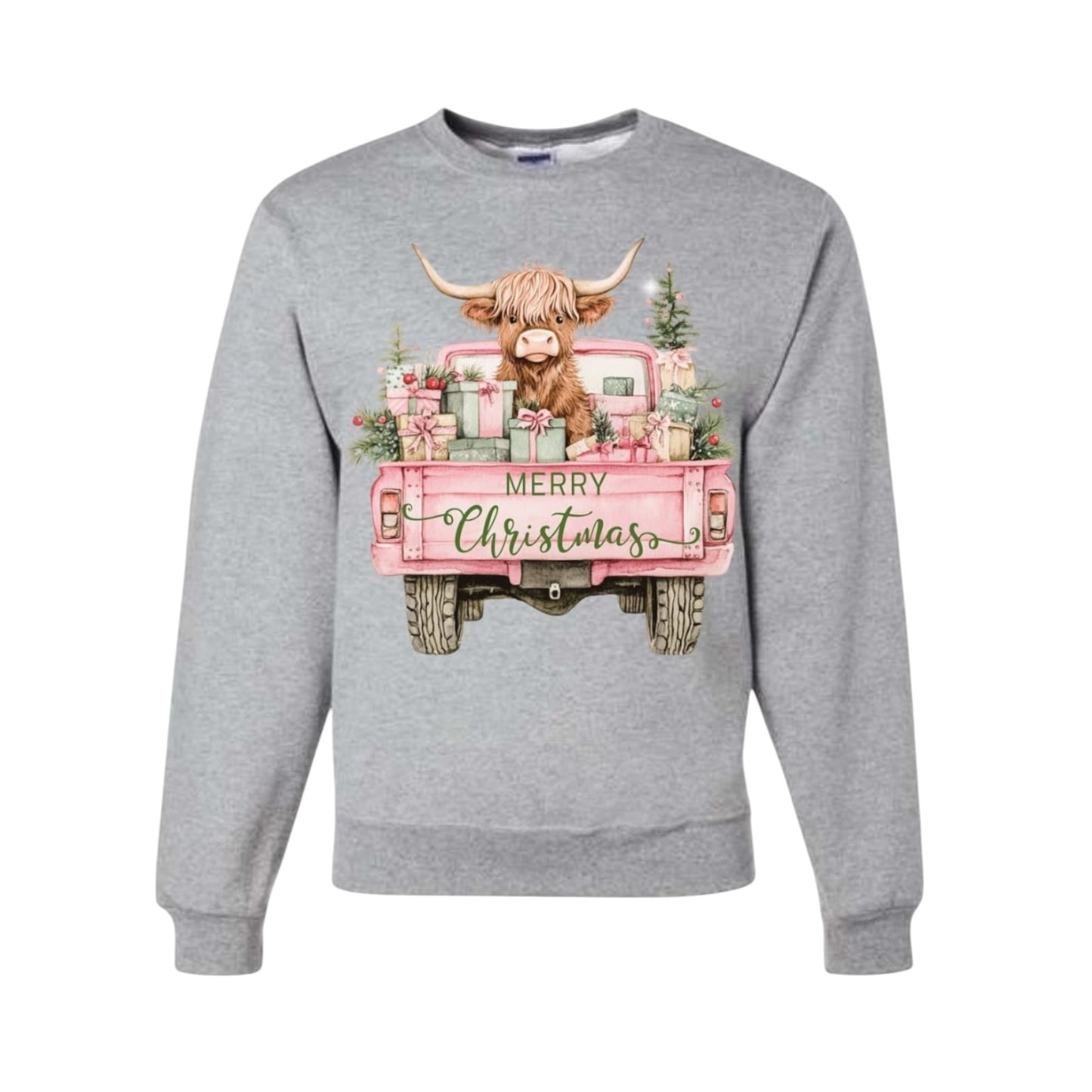 Highland Cow Pink Truck Christmas Crewneck • PRE ORDER •