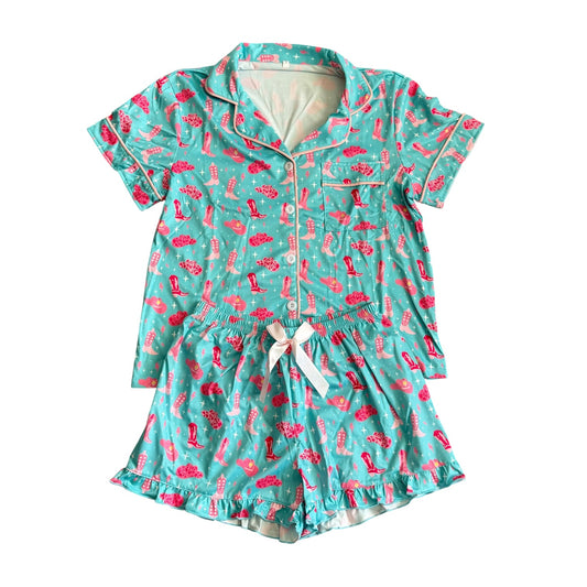 Turquoise Cowboy Boots & Hats Pajama Set