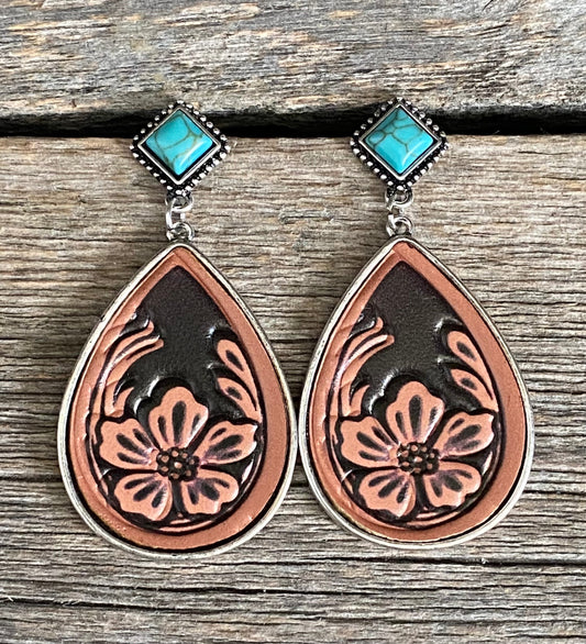 Turquoise Flower Leather Earrings