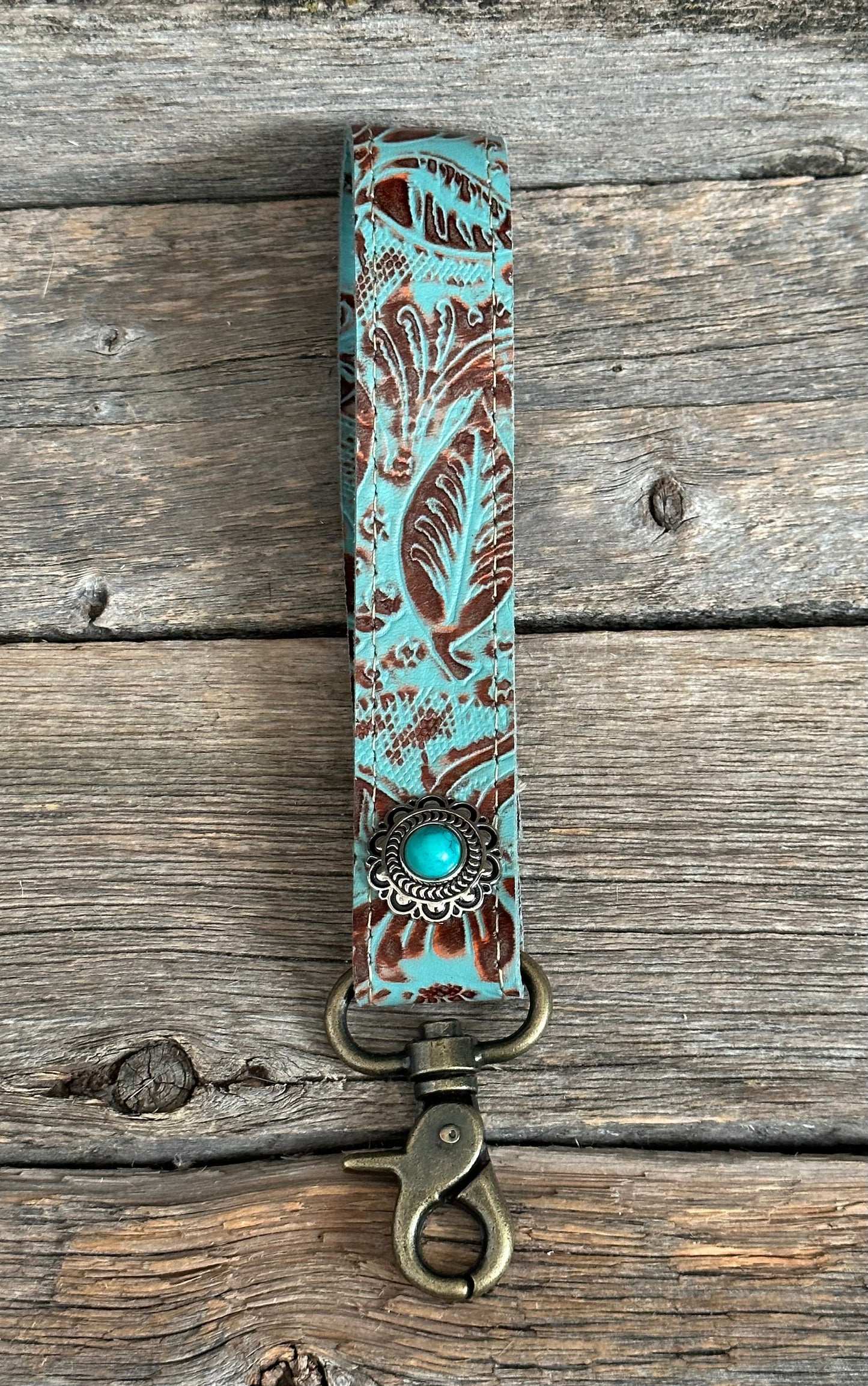 Embossed Turquoise Leather Wristlet Keychain