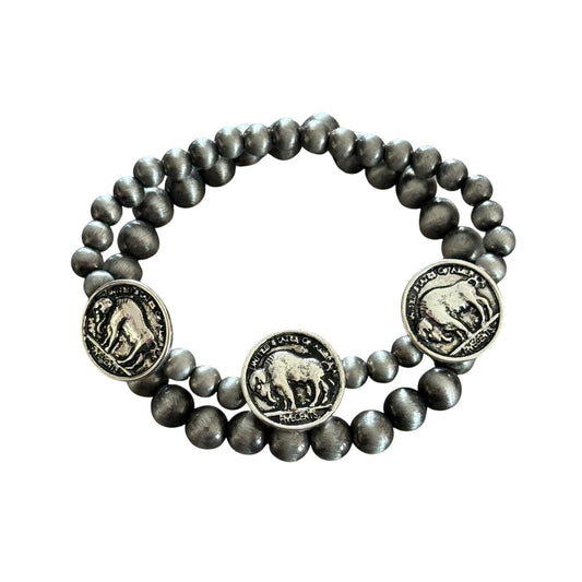 Gunmetal Navajo Pearl Buffalo Coin Bracelet