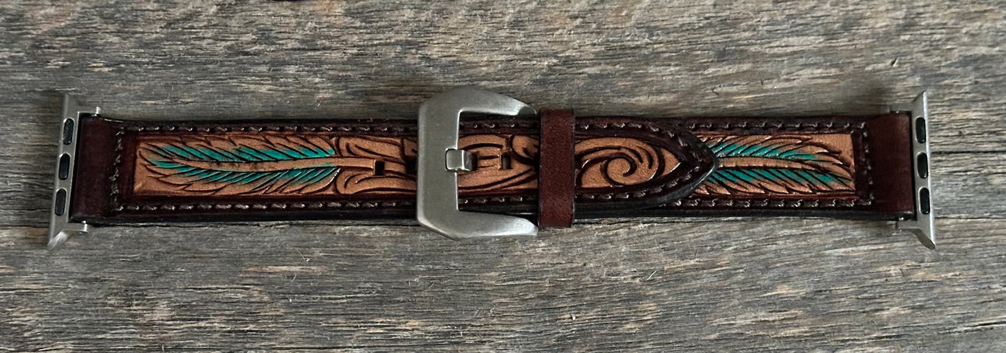 Turquoise Feather Tooled Leather Apple Watch Band (different sizes available)