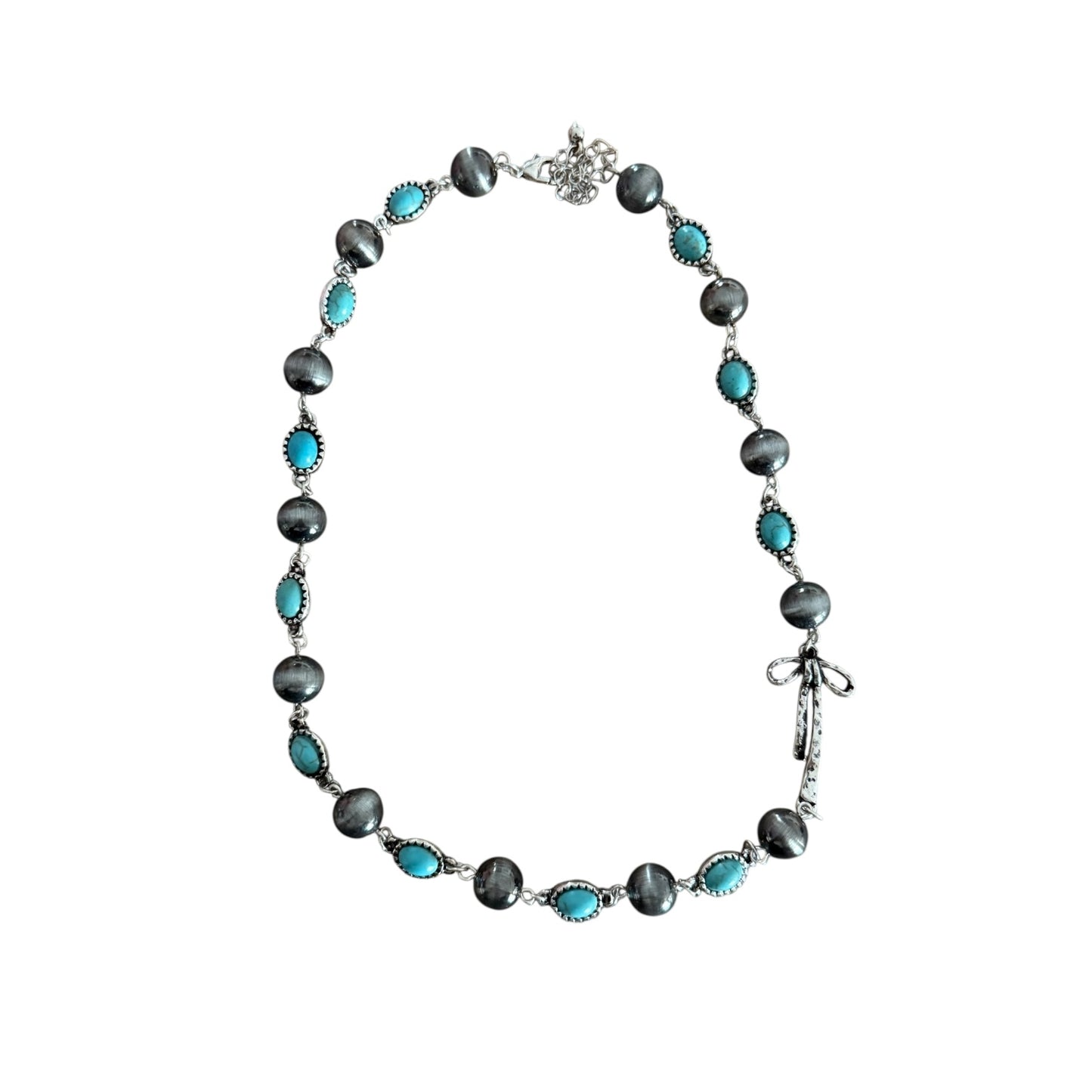 Gunmetal Navajo Pearl Turquoise Bow Necklace