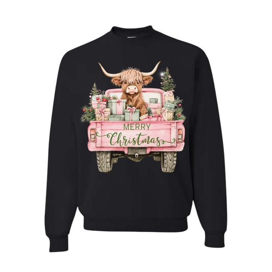 Highland Cow Pink Truck Christmas Crewneck • PRE ORDER •