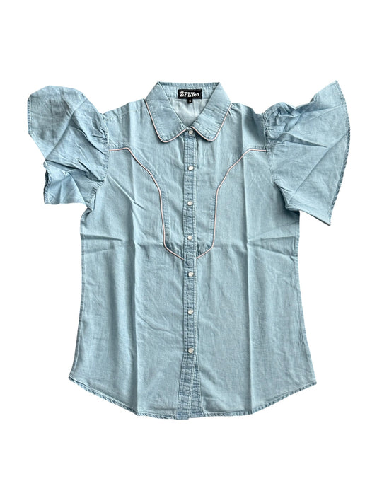 Denim Ruffle Sleeve Button Down Top