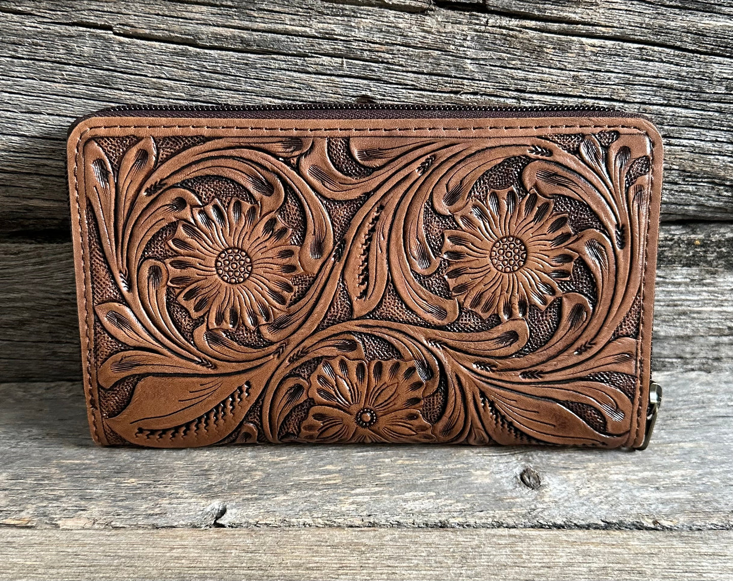 Tooled Leather Turquoise Stone Wallet