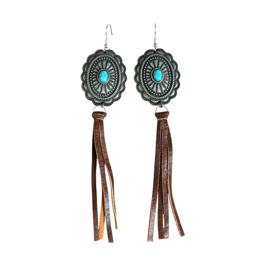 Turquoise Stone Concho Fringe Earrings