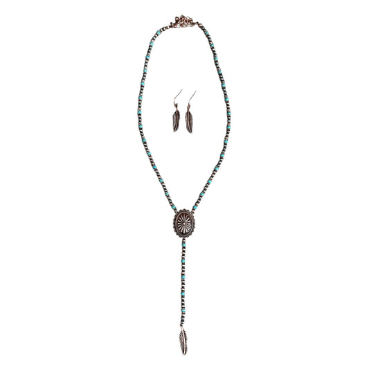 Turquoise & Copper Navajo Pearl Concho Feather Necklace Set