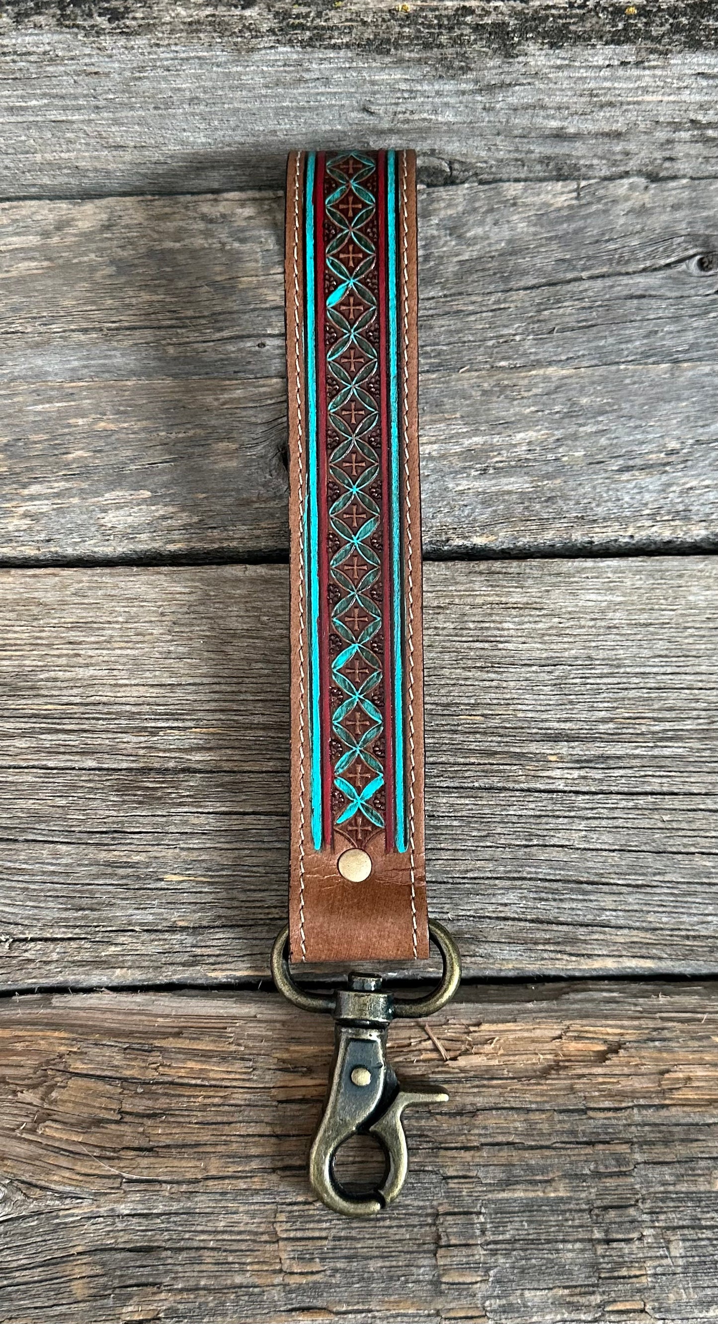Turquoise & Red Tooled Wristlet Keychain