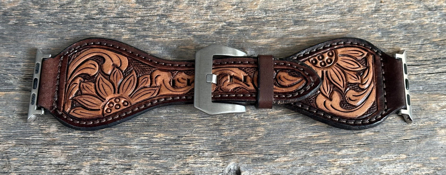 Half Sunflower Tooled Leather Apple Watch Band (different sizes available)