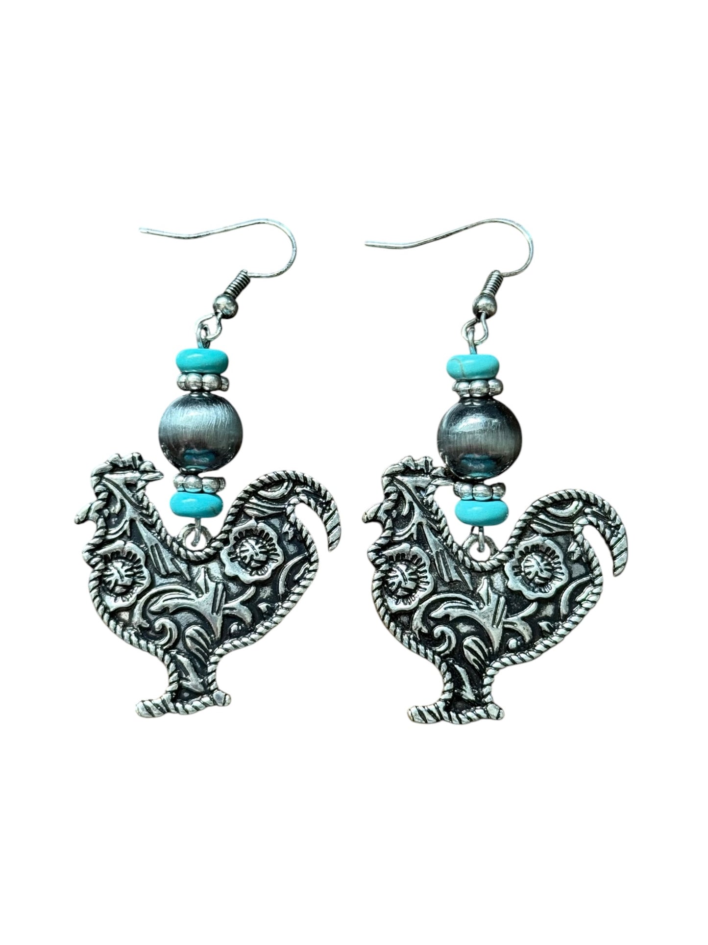 Tooled Rooster Turquoise Earrings
