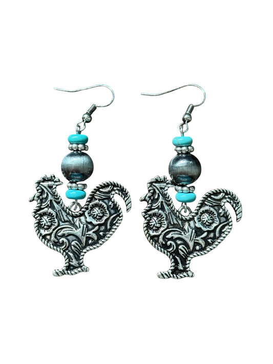 Tooled Rooster Turquoise Earrings