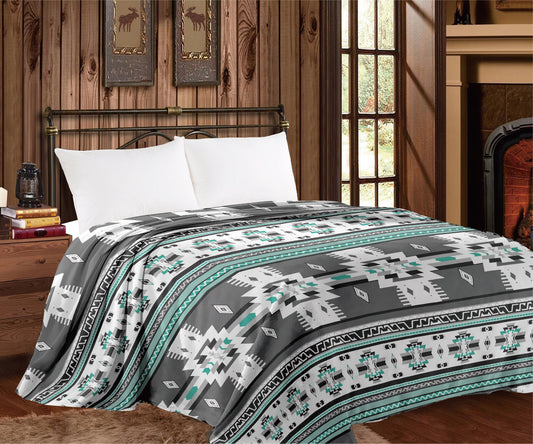 Grey & Turquoise Aztec Thin Throw Queen Blanket