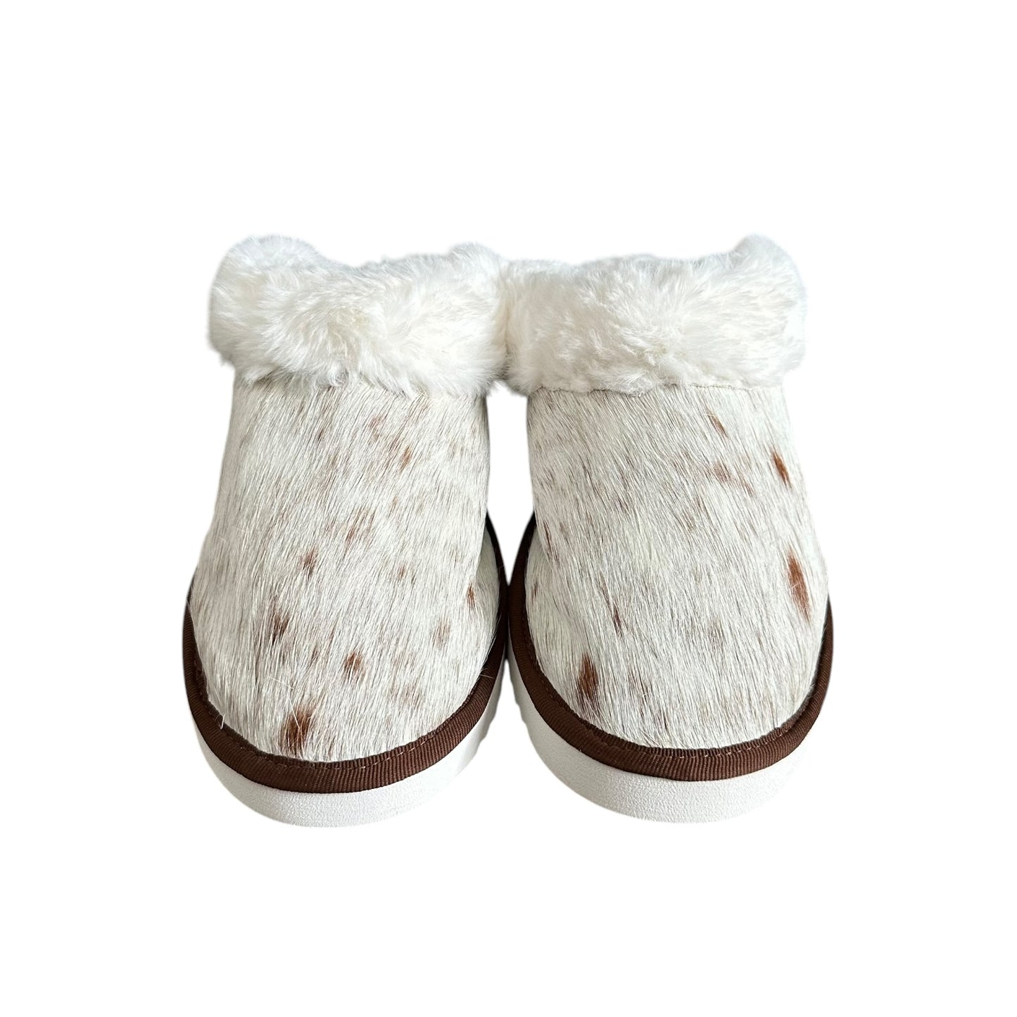 Brown & White Cowhide Slippers - Size 8