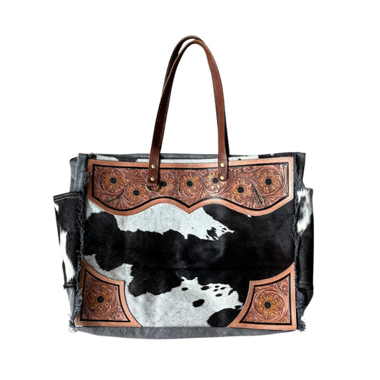 Tooled Sunflower Cowhide Weekender Bag
