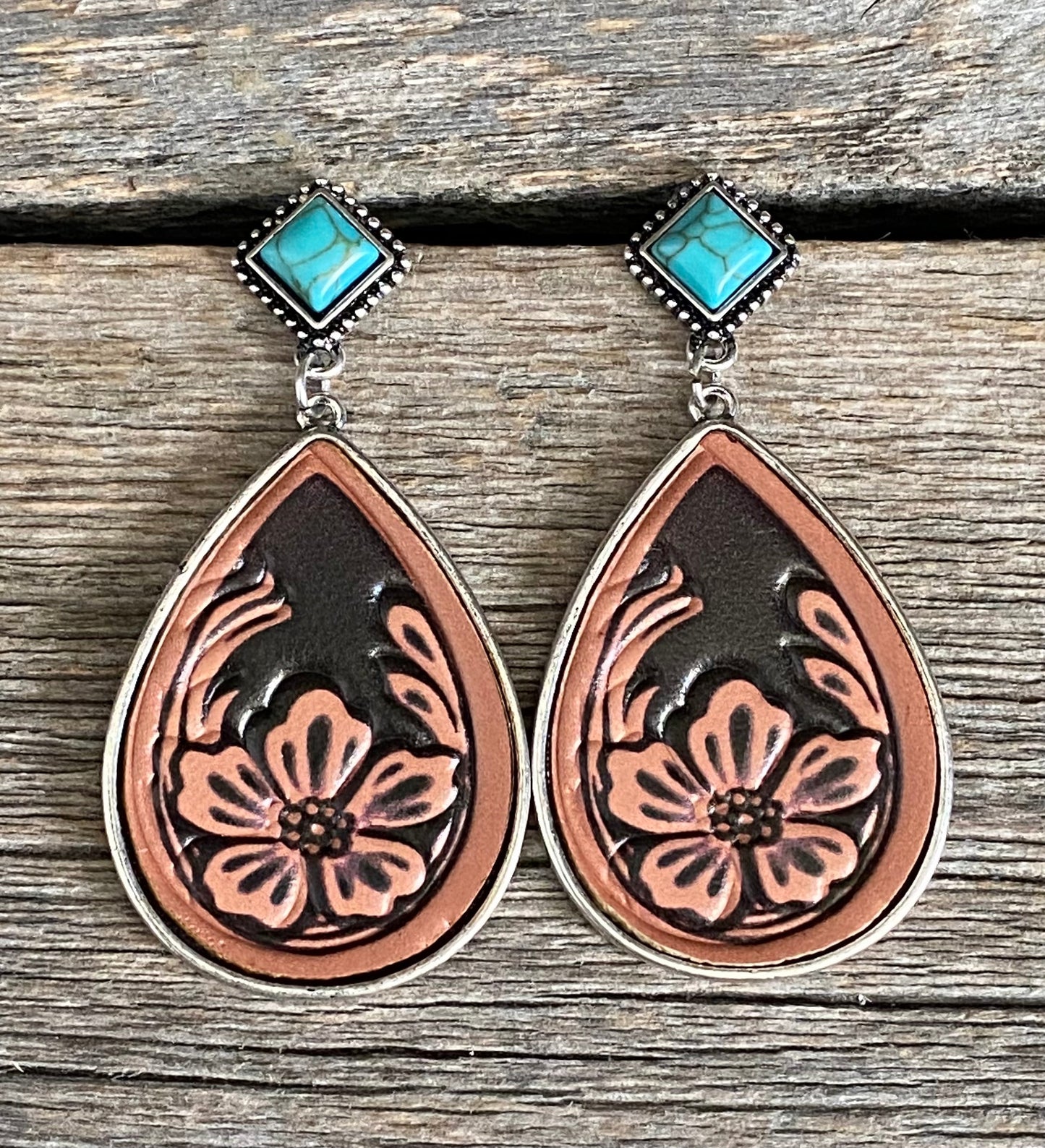 Turquoise Leather Floral Earrings