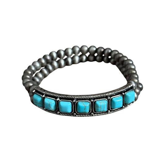 Turquoise Square Gunmetal Navajo Pearl Stretch Bracelet