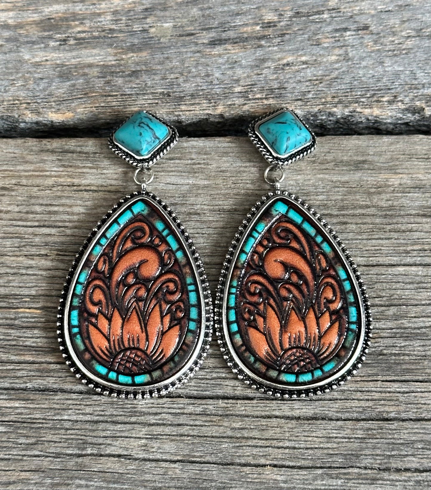 Turquoise Sunflower Leather Earrings