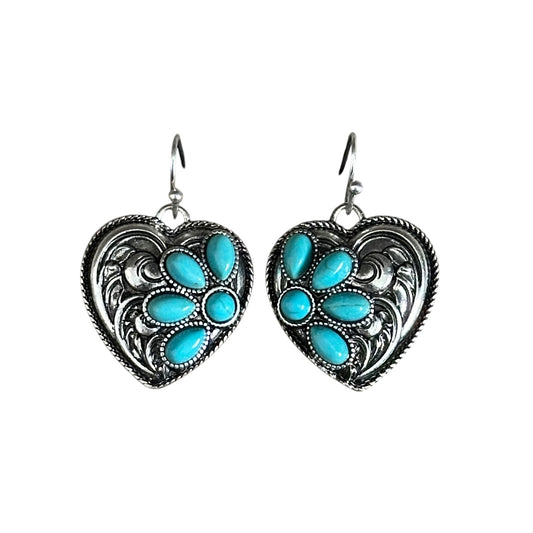 Tooled Turquoise Heart Earrings