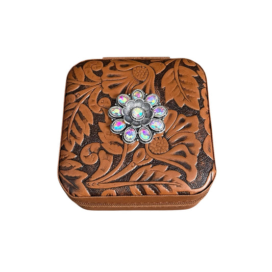Tooled Brown Floral Concho Jewelry Box