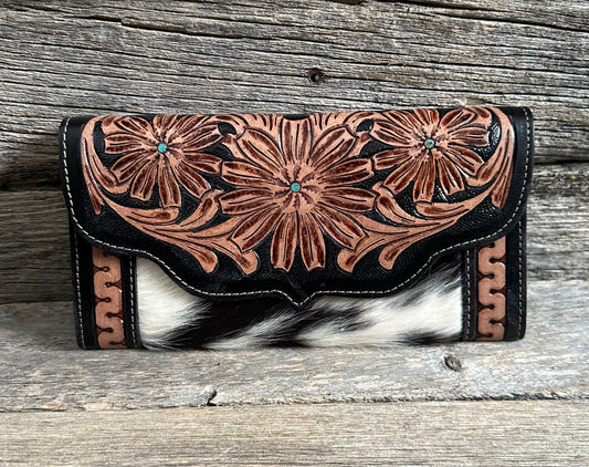 Tooled Turquoise Floral Cowhide Wallet