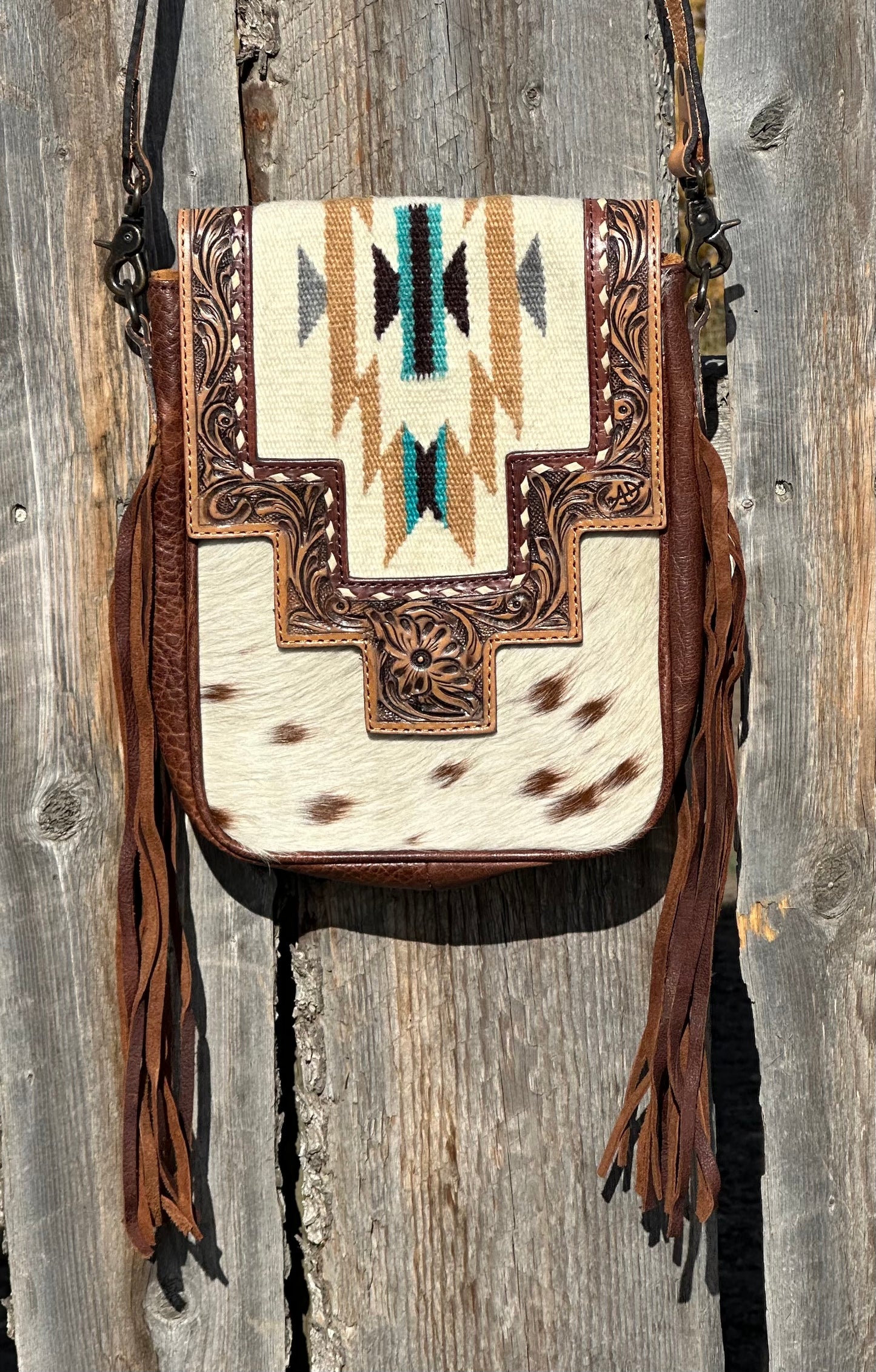 Tooled Leather Aztec Saddle Blanket Cowhide Purse