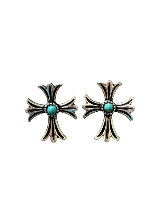 Turquoise Stone Small Cross Earrings