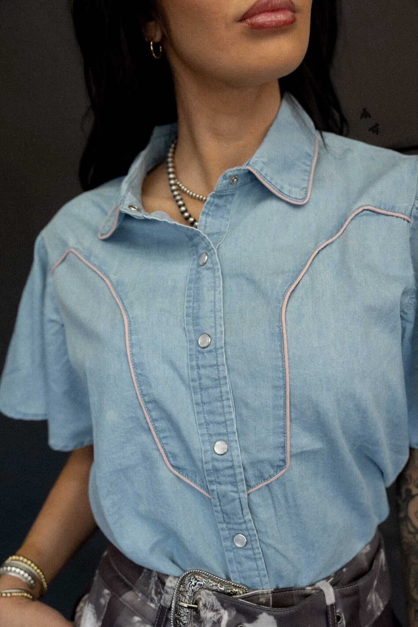 Denim Ruffle Sleeve Button Down Top
