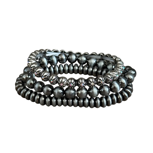 Gunmetal Navajo Pearl Silver Dot Triple Stack Stretch Bracelet