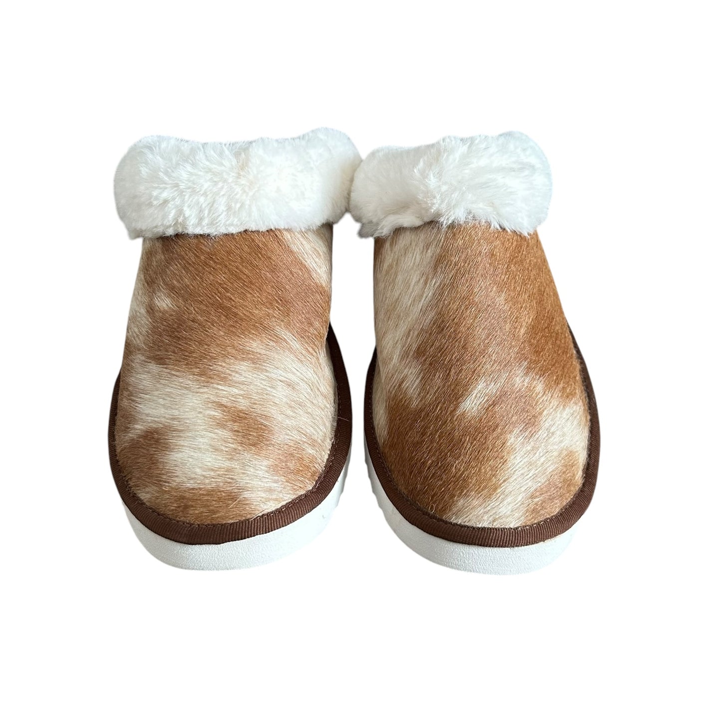 Brown & White Cowhide Slippers - Size 10