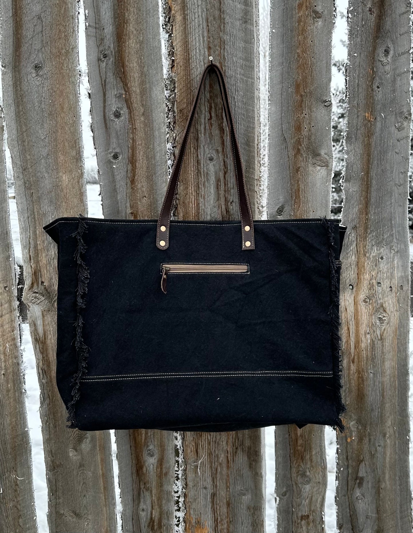 Black & White Cowhide Turquoise Embossed Leather Weekender Bag