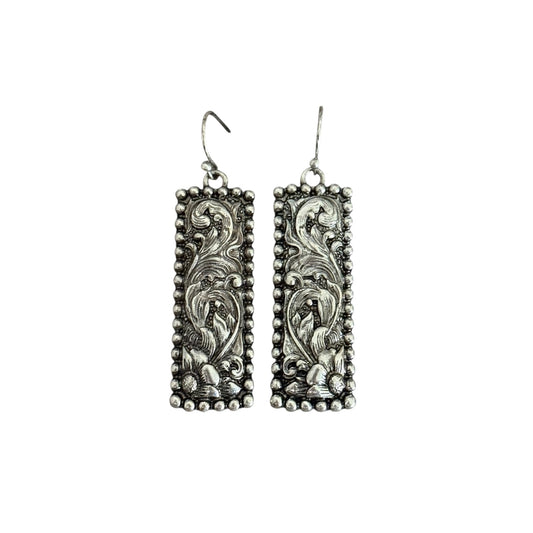 Silver Tooled Floral Bar Earrings