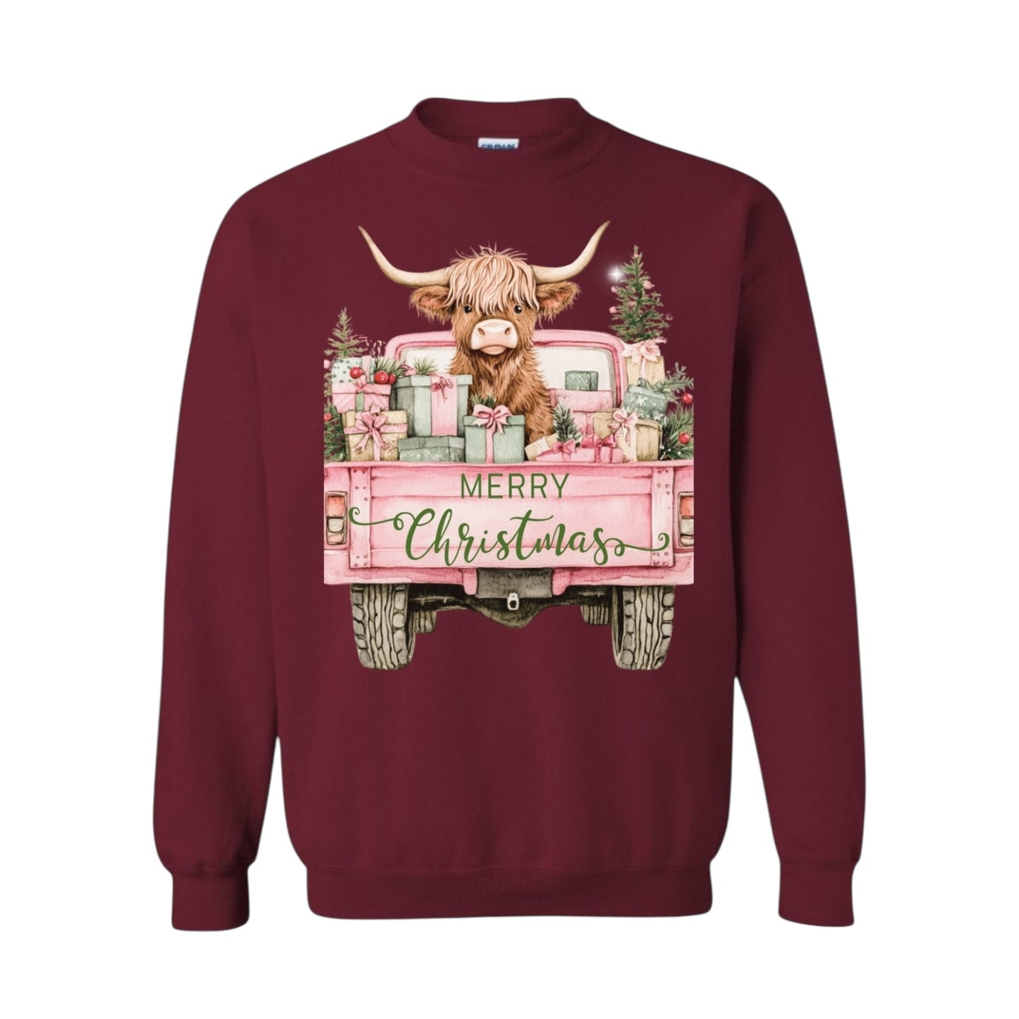 Highland Cow Pink Truck Christmas Crewneck • PRE ORDER •