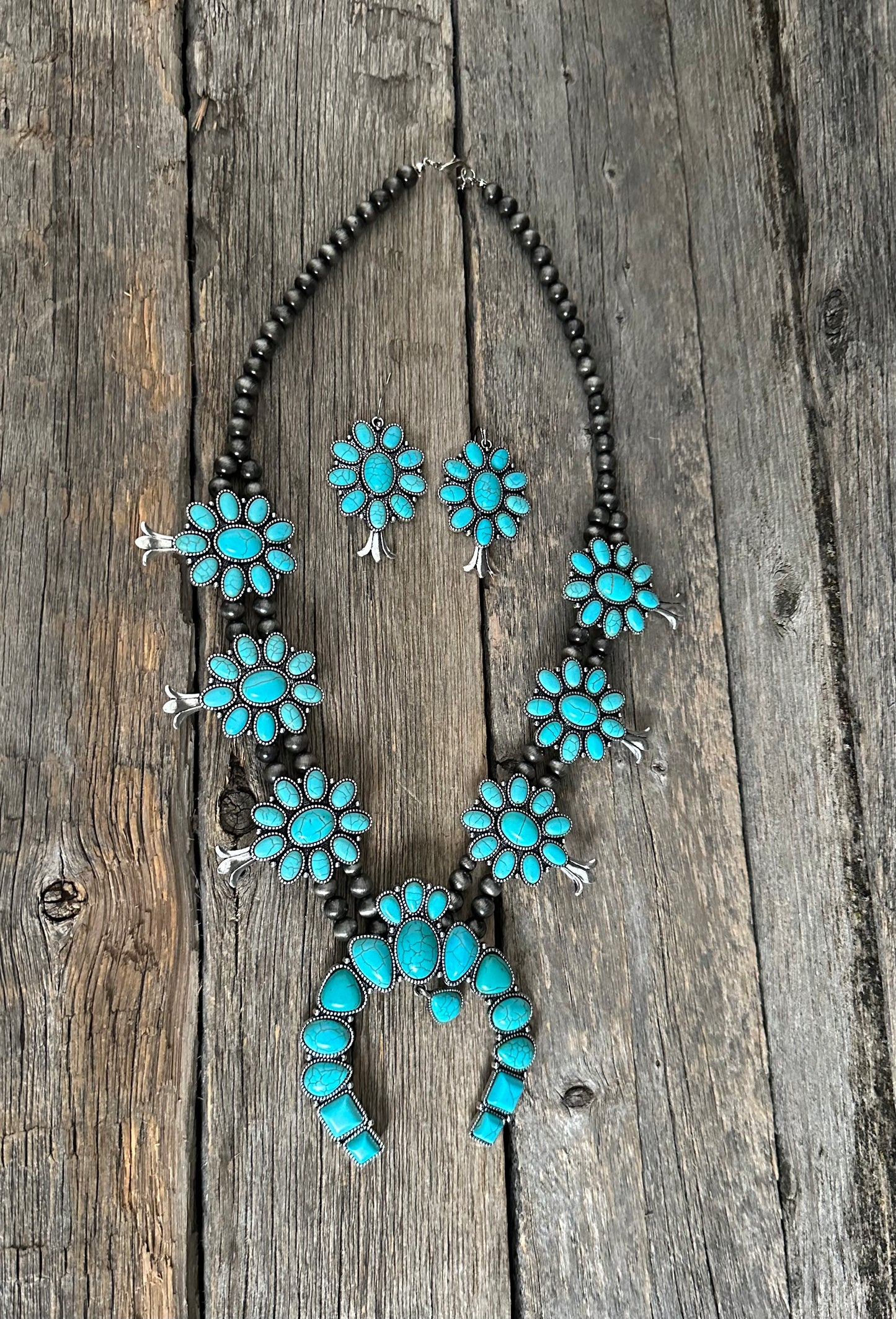 Gunmetal Navajo Pearl Turquoise Squash Blossom Necklace Set