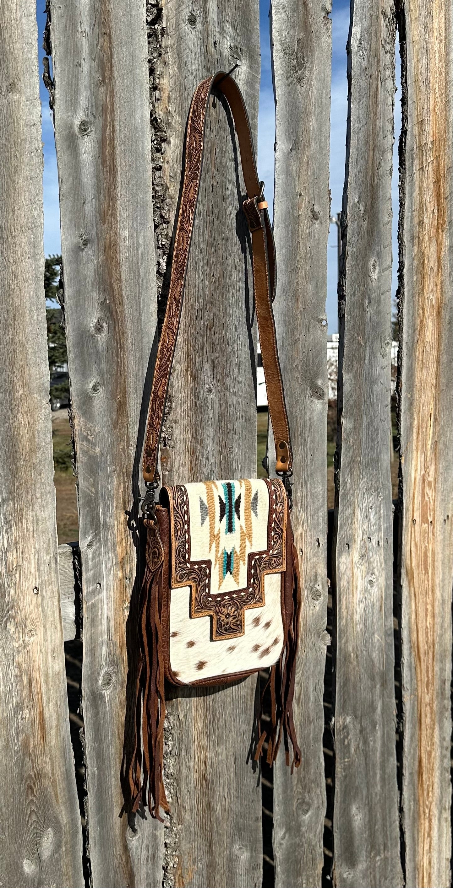 Tooled Leather Aztec Saddle Blanket Cowhide Purse